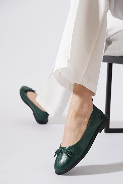 Moda Pie Lewkes Düz Fiyonlu Hakiki Deri Kadın Babet Yeşil Cilt