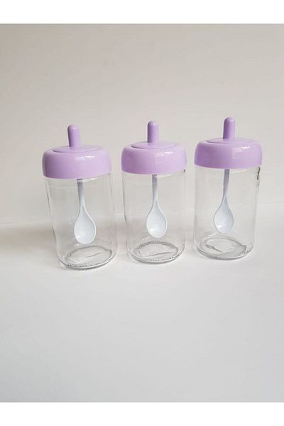 abenim 3 Pieces Lilac Spice Jar Set with Spoon - 330 ml - Glass Jar