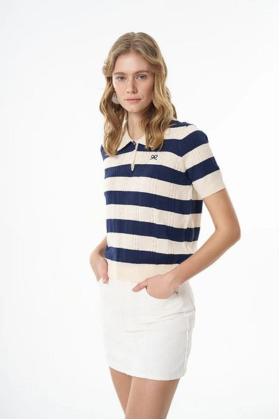 Quzu Polo Neck Knitted Knitwear Navy Blue