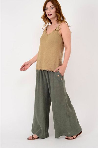 AYASOFYA OTANTIK Women's Italian Cappuciino Fringe Detailed Knitted Rope Strap 100% Linen Blouse