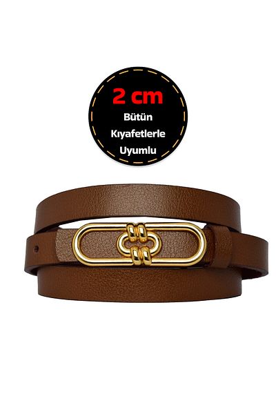 GoDeri 100% Genuine Leather Gold Color Buckle 2 cm Light Brown Women's Dress and Trouser Belt