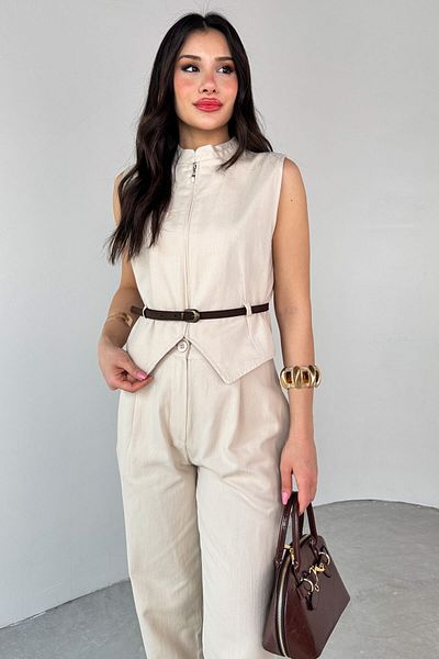 Cappmoda TKM-13282 طقم مكون من قطعتين من سترة وحزام بسحاب بلون الحجر