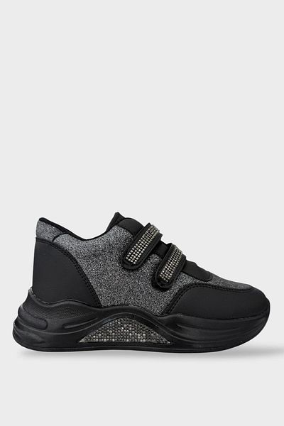 Liger Pantofi sport cu velcro cu strasuri cu talpă înaltă pentru fete NEGRU - ARGINTIU