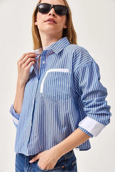 bacc Cămașă țesătă oversize cu dungi oversize pentru femei, cu manșete și buzunare, Bc 231036