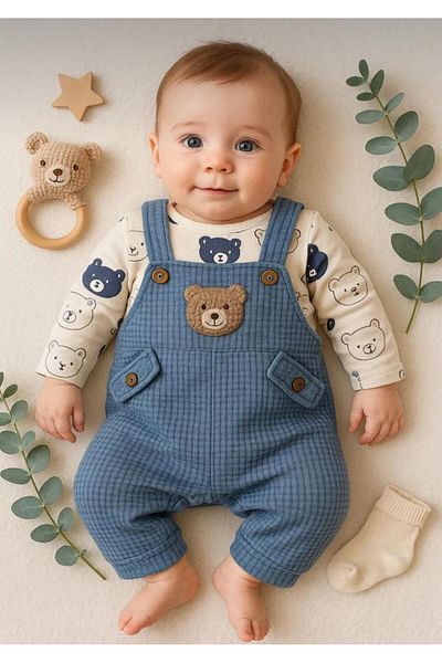 MİLAYS LİFE HOME COLLECTİON Baby Baby Jumpsuit Socks with Teddy Bear Embroidered 100% Cotton