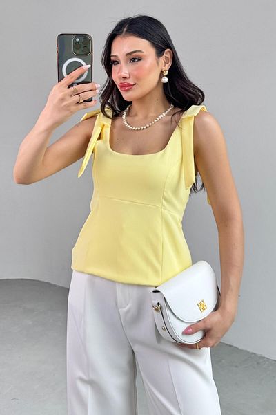 Cappmoda Blz-06286 Yellow Pool Neck Strap Blouse