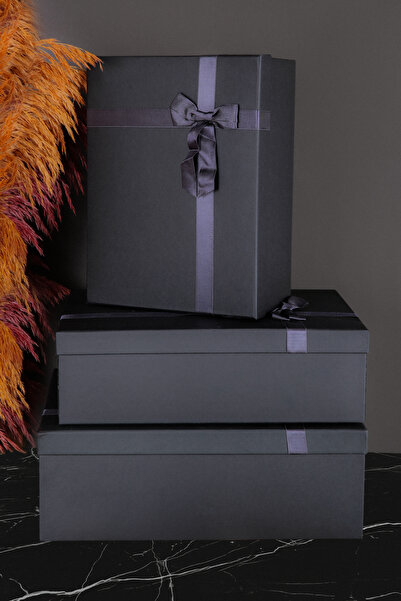 SİMGE KUTU Orta Boy Siyah Kurdeleli 3'lü Takım Dikdörtgen Kutu Hediye Kutusu