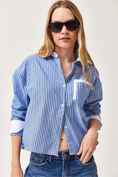 bacc Cămașă țesătă oversize cu dungi oversize pentru femei, cu manșete și buzunare, Bc 231036