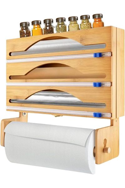 TECOS Suport de bucatarie din bambus 4in1, folie de aluminiu, cutter integrat, 31x39,5x11 cm