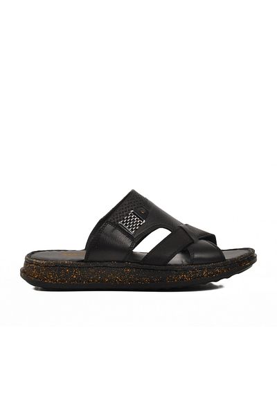 Aspor Black Genuine Leather Men's Slippers