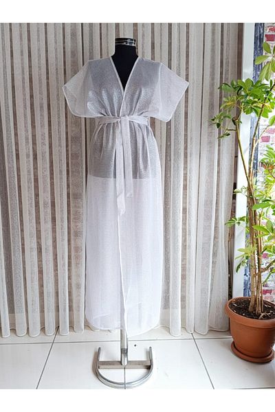 Misue Handmade Pareo transparent, kimono transparent cu sclipici, pareo lung cu cravată lejeră, rochie de plajă strălucitoare de vară
