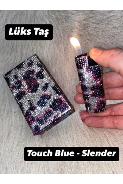Lüks Taş Taşlı Sigara Tabakası ve Çakmak ( TOUCH BLUE-SLENDER )