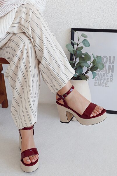 POLKA STORE Linen Line Linen Coated Platform Single Strap Open Toe High Thick Heeled Women's Shoes