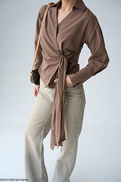 Büşra Ayhan Yandan Bağlamalı Kahve-Kestane Çizgili Gömlek