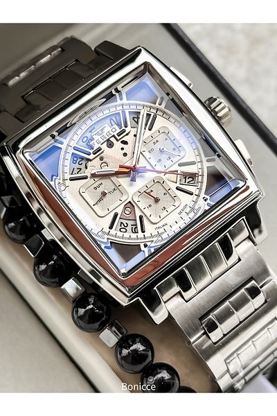 FERRO In Stylish Box, Silver White, Steel Cord,Square Dial,Functional Men's Watch Bracelet Gift