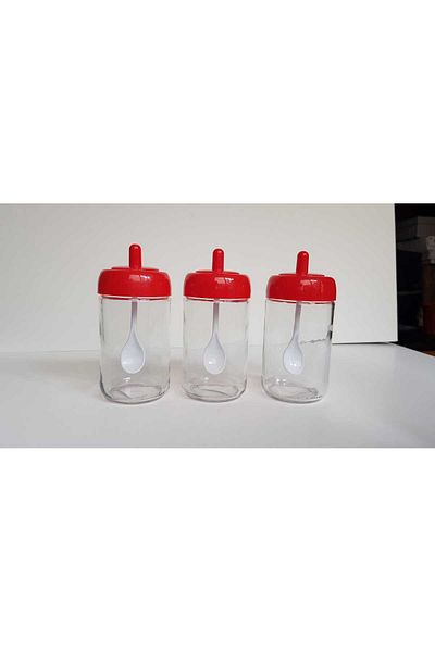 abenim 3 Pieces Red Spice Shaker Set with Spoon - 330 ml - Glass Jar