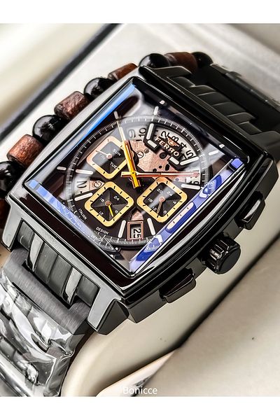 FERRO In Stylish Box,Black Steel Cord,Square Dial,Functional Men's Watch Bracelet Gift