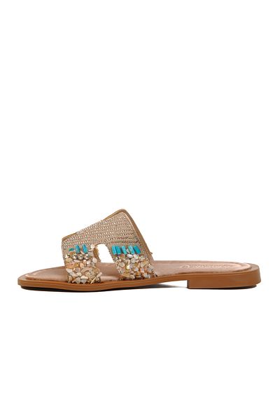Aspor Beige Stone Embroidered Thin Sole Lightweight Women's Slippers