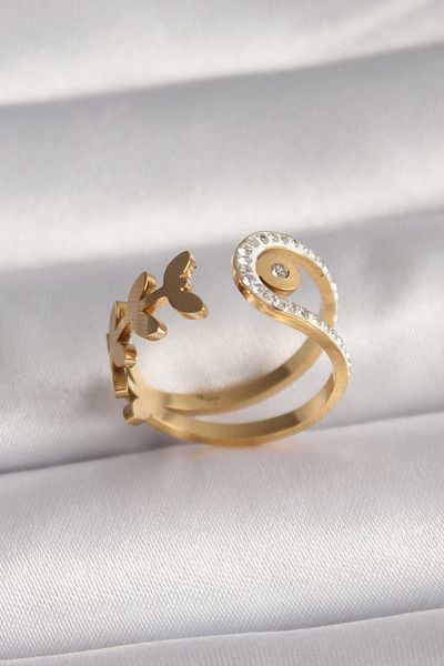 Clariss 316l Steel Gold Color Zircon Stone Leaf Model Women's Ring