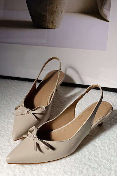 POLKA STORE Ribbon Pointed Toe Bow Detailed Short Kitten Heeled Comfortable Stylish Women's Shoes