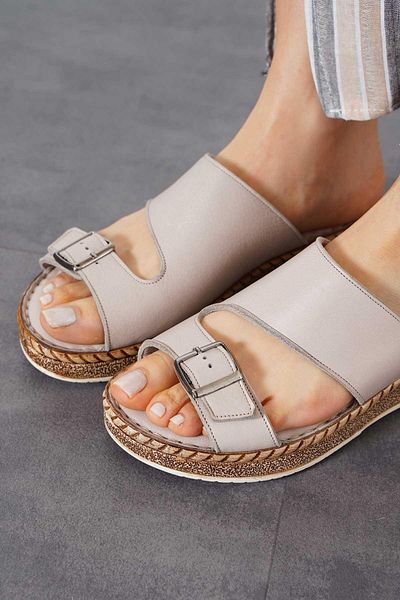 Moda Pie Γυναικείες παντόφλες Medert Buckle Γνήσιο Δέρμα Γκρι δέρμα