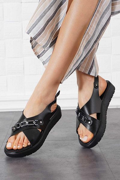 Moda Pie Gersa Cross Buckle Genuine Leather Women's Slippers Black Skin