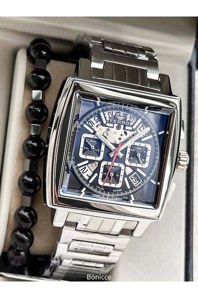 FERRO In Stylish Box, Silver Black, Steel Cord,Square Dial,Functional Men's Watch Bracelet Gift