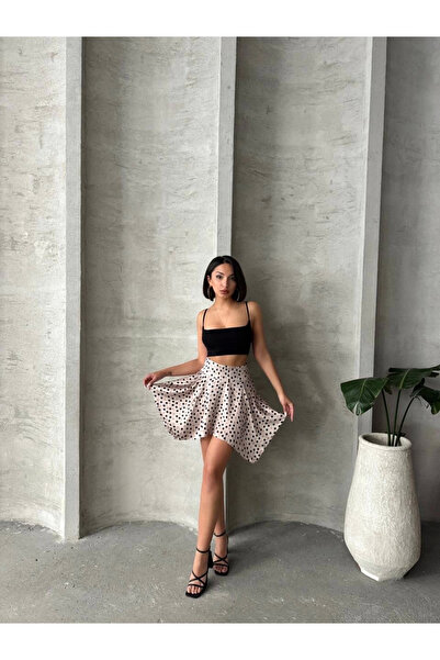 İntive Lingerie Black/Beige Polka Dot Pattern Stylish Modern Asymmetrical Cut Above Knee Mini Skirt