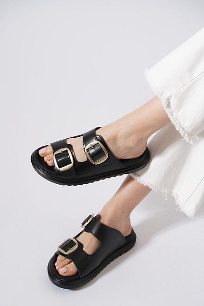 Moda Pie Γυναικείες παντόφλες Tavvas Double Buckle Μαύρο δέρμα