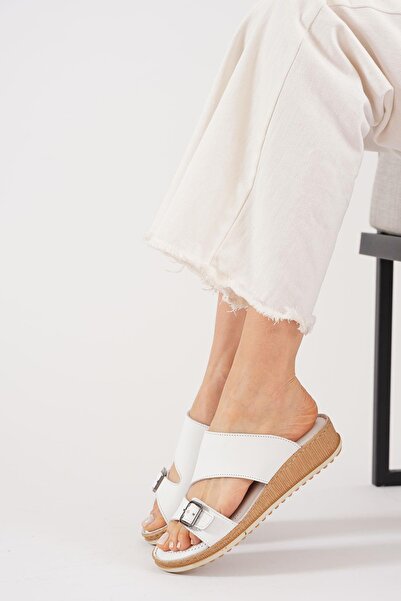 Moda Pie Γυναικείες παντόφλες Sedert Buckle Γνήσιο Δέρμα Λευκό δέρμα