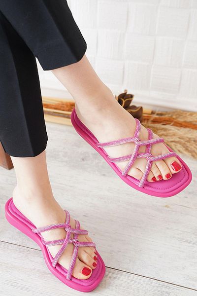 Moda Pie Γυναικείες παντόφλες Deta Sequined Skin Fuchsia