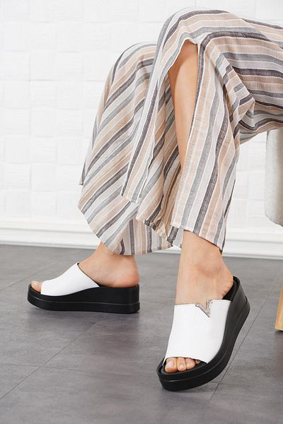 Moda Pie Γυναικείες παντόφλες Nessef Buckle Γνήσιο Δέρμα Λευκό δέρμα