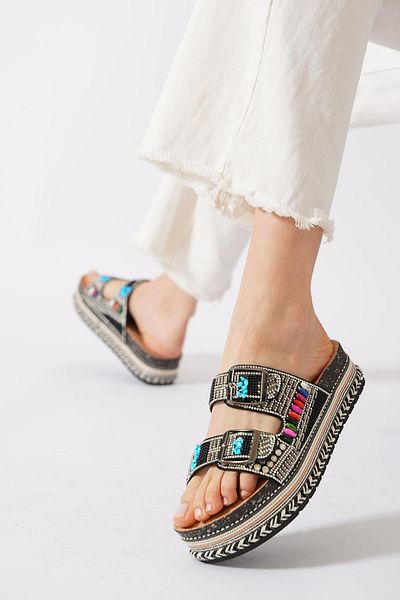 Moda Pie Γυναικείες παντόφλες Loases Double Buckle Stone Μαύρες