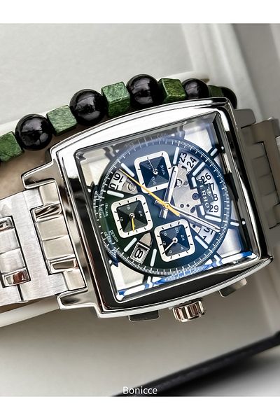 FERRO In Stylish Box, Silver Green, Steel Cord, Square Dial, Functional Men's Watch Bracelet Gift