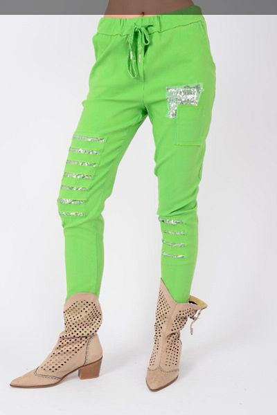 AYASOFYA OTANTIK Women's Italian Pistachio Green Elastic Waist Laser Cut Sequin Patched Trousers