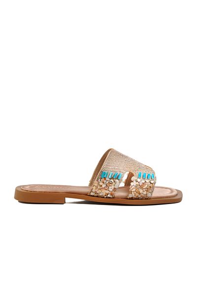 Aspor Beige Stone Embroidered Thin Sole Lightweight Women's Slippers