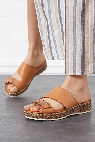 Moda Pie Γυναικείες παντόφλες Medert Buckle Γνήσιο Δέρμα Καφέ Δέρμα