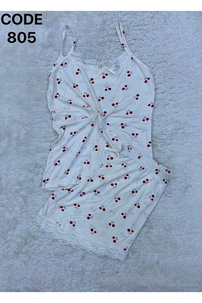XORVİO Women's Rope Strap White Cherry Pattern Shorts Set Lace Detailed Stylish Summer Large Size Oversize Pajamas