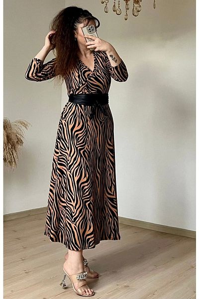 azra moda Double Breasted Collar Long Sleeve Brown Zebra Suede Dress