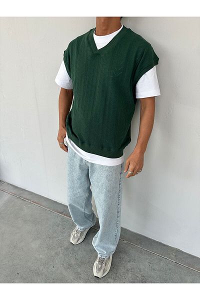 OKSHEN Men's V Patterned Oversize Sweater