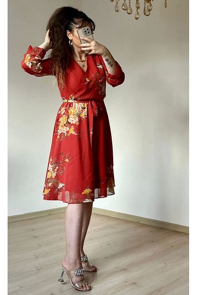 azra moda Short Yellow Floral Chiffon Dress -Tile