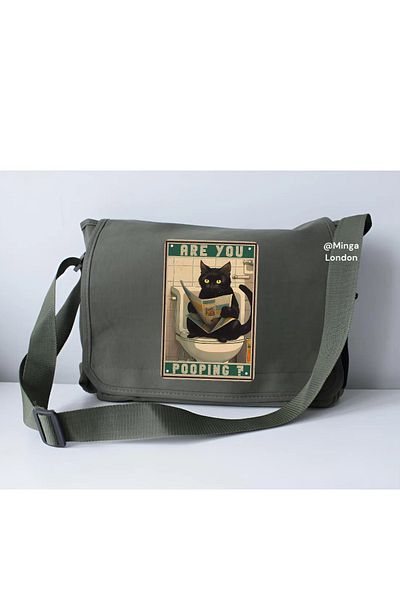 Minga London Haki "Are You Pooping?" Cat Printed School, Course, Tutoring Room Messenger Bag -Mingalondon