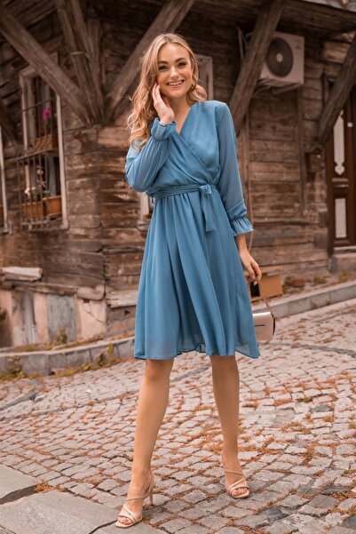 azra moda Short Straight Chiffon Dress Blue