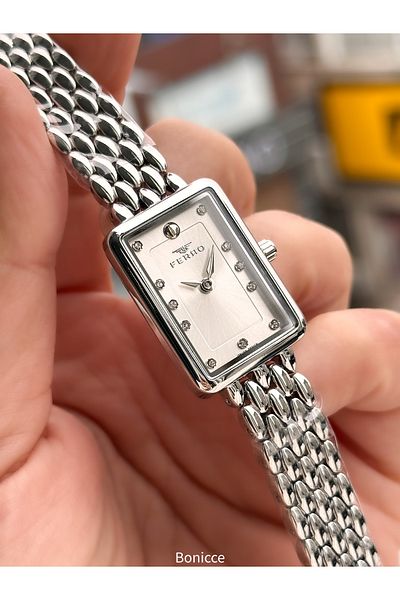 FERRO Stylish Box, Silver, Steel Cord, Rectangular Case, Vip Series Women's Wristwatch Bracelet as a Gift