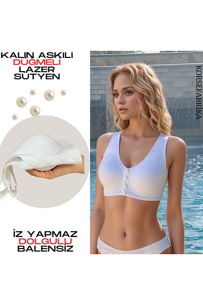 KORSEFABRİKA Laser Front Button Invisible Wire Free Seamless Ghost Bra with Removable Pads