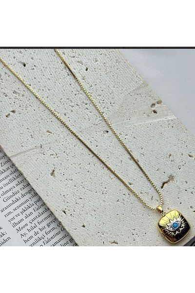 AKSESUARIM Special Series, Blue Stone Eye Themed, with Cover, Photo Can Be Put, with Chain, Unbreakable, Gold Color Steel Necklace