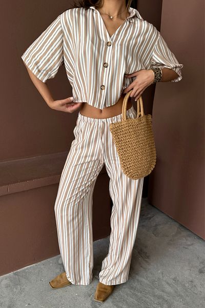 COTTONLAB Striped Crop Shirt - Loose Pants Suit Modal - Beige
