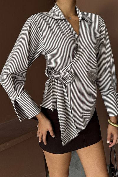 Moka Shopin Mokashopin Striped Poplin Double Breasted Tie Shirt - Brown