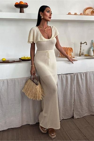 Simala Deep Collar and Mesh Detailed Knitwear Dress 2867