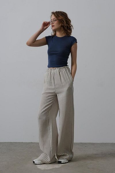 Moda Asmira Striped Cotton Elastic Trousers - Beige-Navy Blue